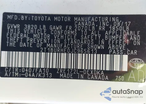 2018 Toyota Corolla L z USA, uszkodzony, nr VIN 2T1BURHE0JC965613